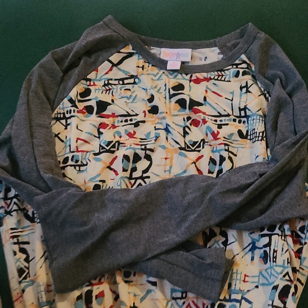 LuLaRoe Gray and Blue Long Sleeve Tee with Geometric Print